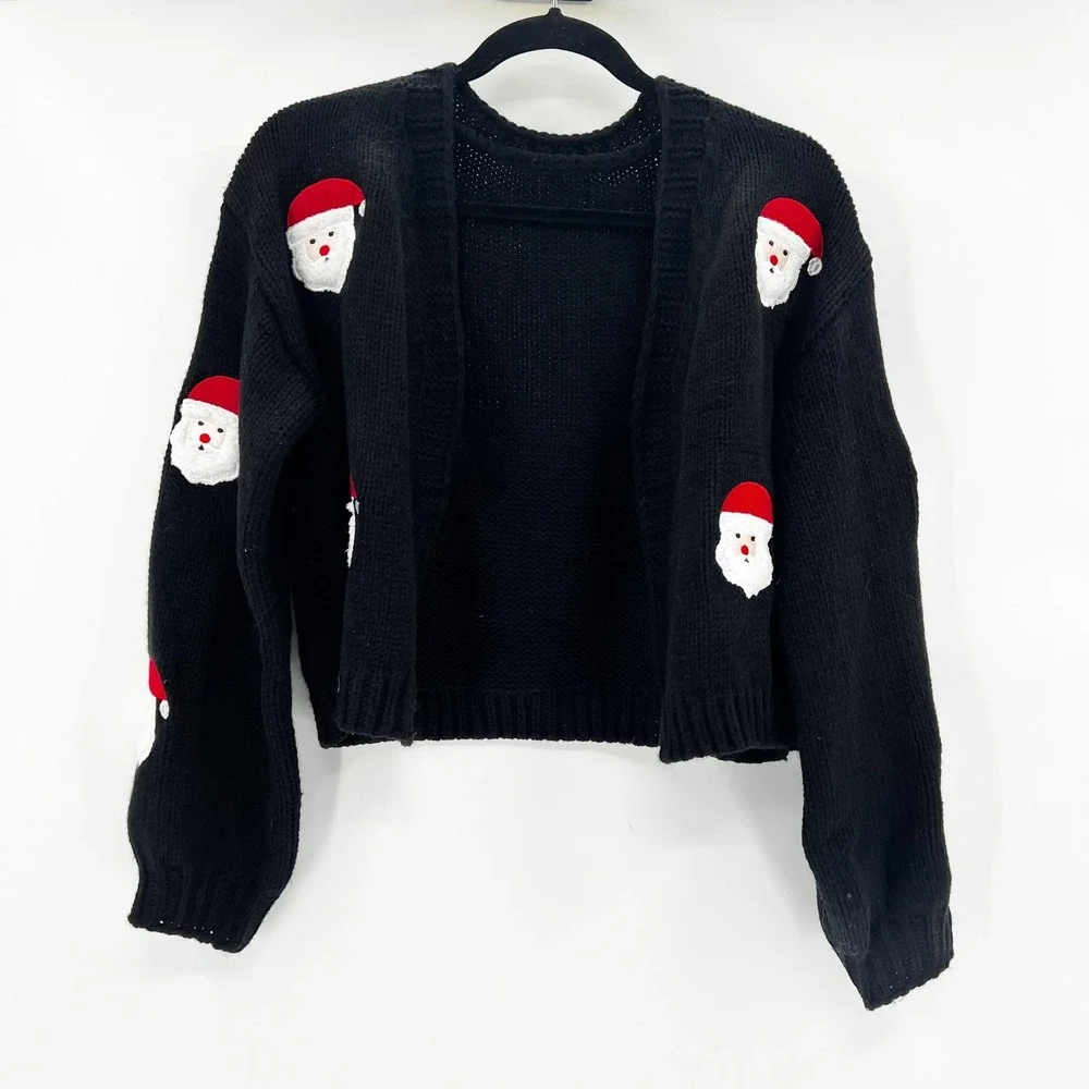 Chicwish Black Cropped Cardigan Sweater Santa Claus Faces Holiday Theme Size M - Picture 2 of 4